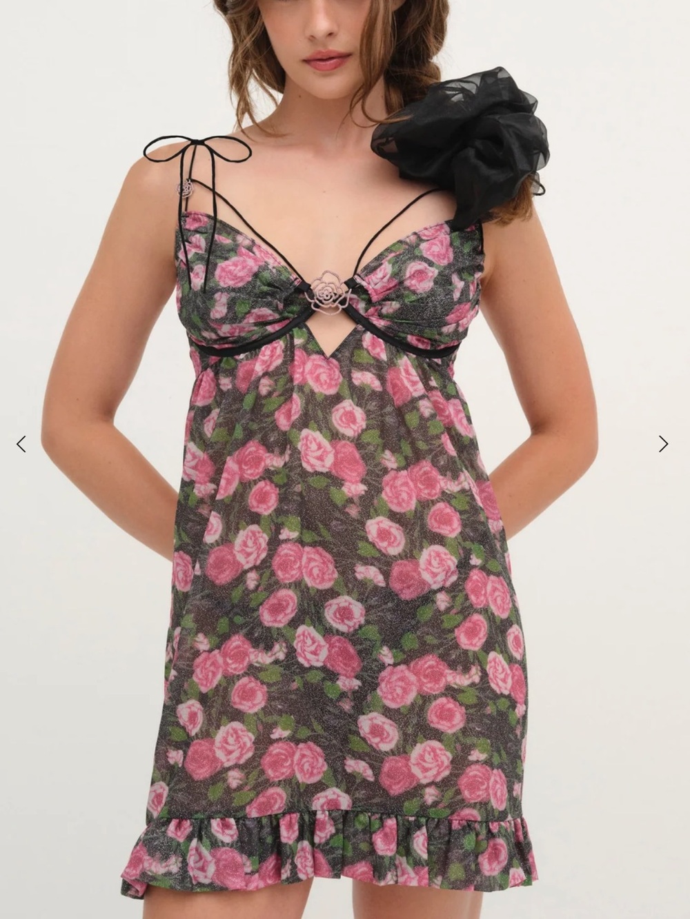For Love And Lemons Sheer Pink Rose Mini Dress with Black Trim